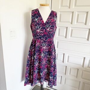 DKNY Midi Sundress Blue Pink White Flower Squiggles Sleeveless High-Low Size 10